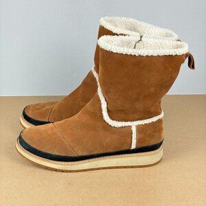 Toms Makenna Suede Side Zip Boots Womens 9 Tan Cream Faux Fur Lined Casual